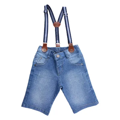 Bermuda Jeans Infantil Gijo Kids Com Puídos E Suspensório Bermuda Jeans Infantil Gijo Kids Com Puídos E Suspensório